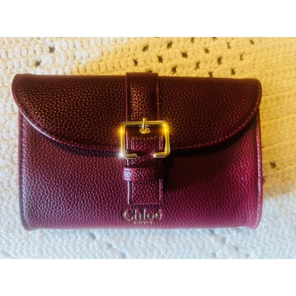 Chloe Parfums Burgundy Pebbled Faux Leather Buckle Clutch Cosmetic Pouch Bag
